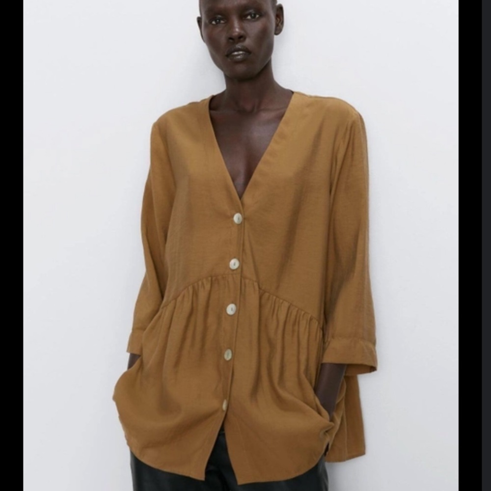 Zara Mustard Brown V-Neck Button-Front Blouse